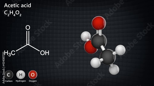 Acetic acid (Ethanoic acid), formula C2H4O2, is a simple carboxylic acid with strong antibacterial properties. 3D render. Seamless loop. Chemical structure model: Ball and Stick.