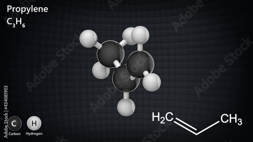 Propylene (Propene) is a colorless gas with a faint petroleum like odor. Formula: C3H6. 3D render. Seamless loop. Chemical structure model: Ball and Stick. photo