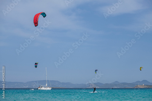 kitesurfing on Illete beachFormentera, Pitiusas Islands, Balearic Community, Spain