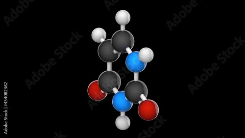 Uracil. Nitrogenous base molecular structure (DNA and RNA parts). Formula: C4H4N2O2. 3D render. Seamless loop. Chemical structure model: Ball and Stick. RGB + Alpha (Transparent) channel photo