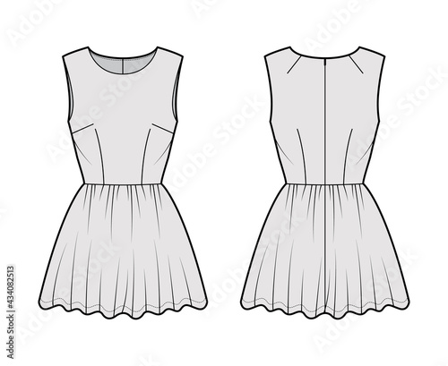 Dress short technical fashion illustration with sleeveless, fitted body, mini length full skirt. Flat apparel front, back, grey color style. Women, men unisex CAD mockup