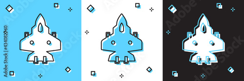 Set Jet fighter icon isolated on blue and white, black background. Military aircraft. Vector
