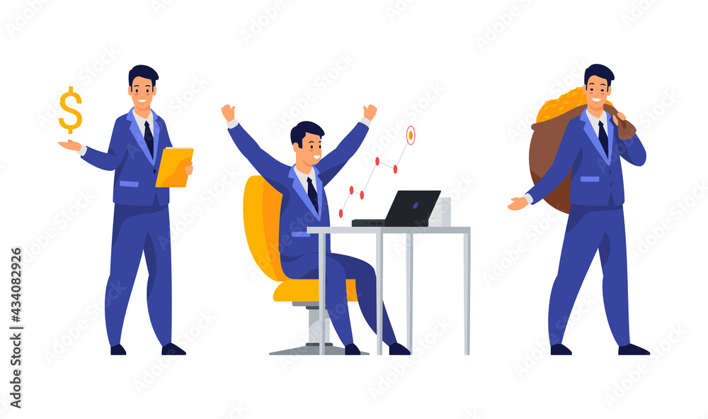 Set of businessman in different situations. Financier with money. Analyst works at the computer. Flat vector illustration isolated on white. Male cartoon character in business suit working in office