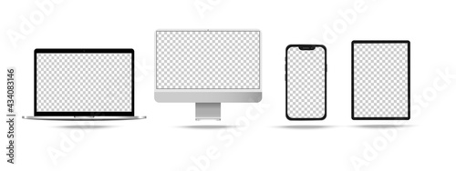 Set of Devices screen -computer monitor, laptop, smartphone, tablet . Device screen mockup.Vector isolated on white background. Realistic media gadgets with transparent screen.IMac,MacBook.