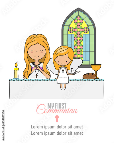 My first communion card. Girl and angel praying in church	
