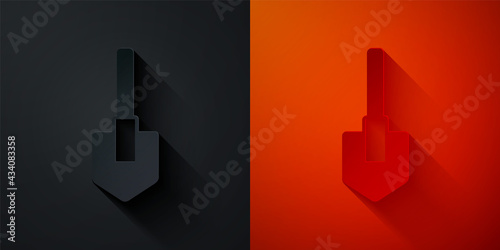 Paper cut Shovel icon isolated on black and red background. Gardening tool. Tool for horticulture, agriculture, farming. Paper art style. Vector