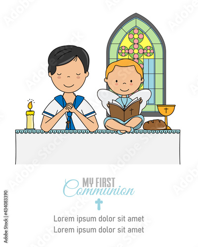 My first communion card. Boy and angel praying in church	

