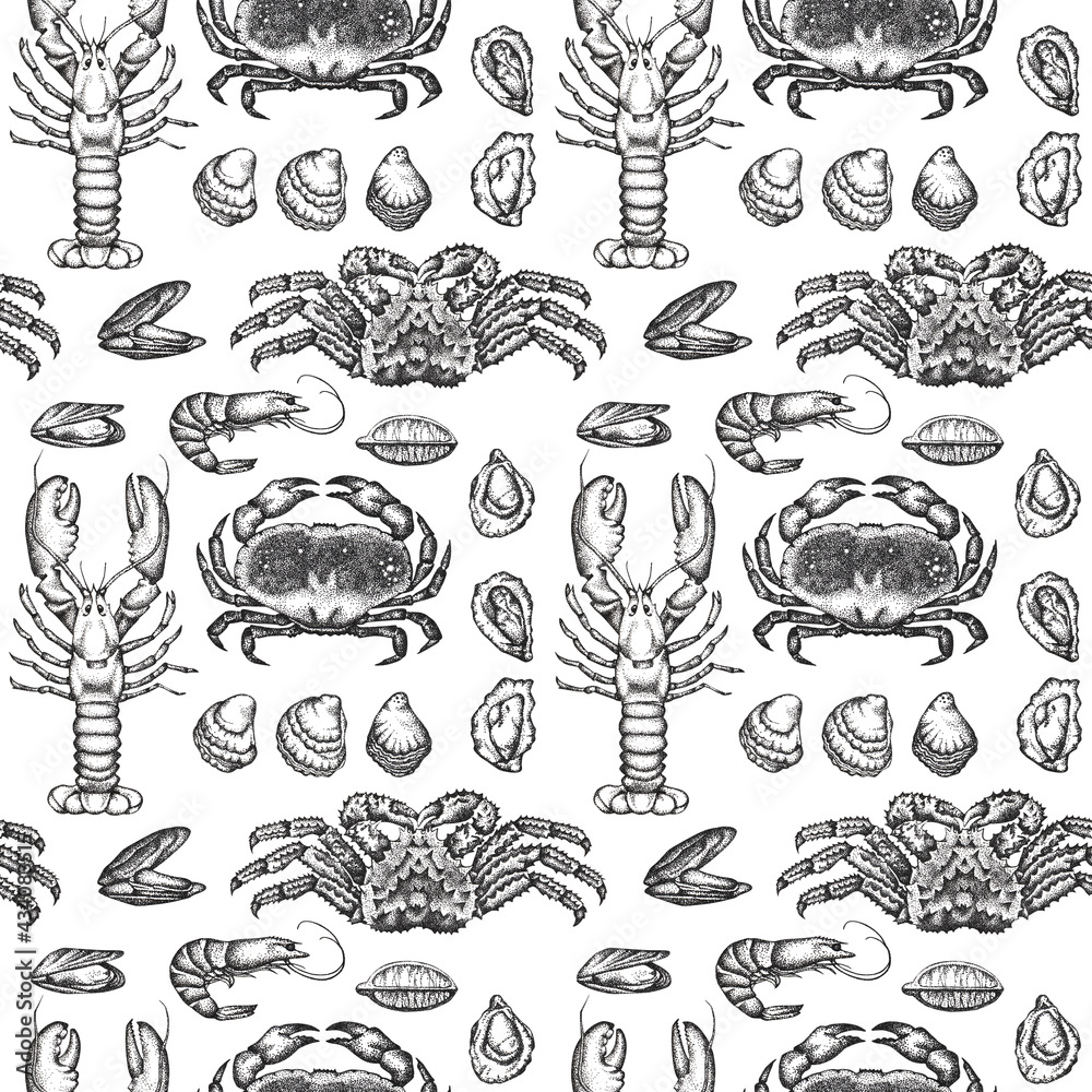 Seamless pattern with crab, lobster and oysters drawn by graphics ...