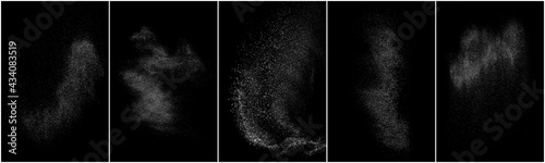 Set of distressed white grainy texture. Dust overlay textured. Grain noise particles. Snow effects pack. Rusted black background. Vector illustration, EPS 10.  