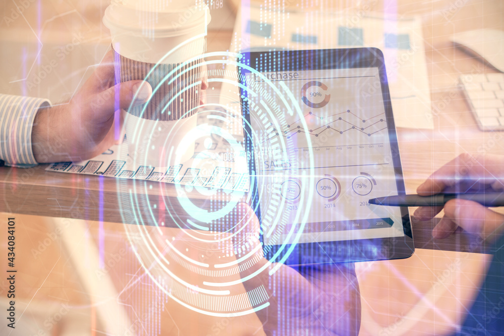 Multi exposure of man's hands holding and using a digital device and data theme drawing. Innovation concept. Multi exposure of man's hands holding and using a digital device and data theme drawing. Innovation concept.