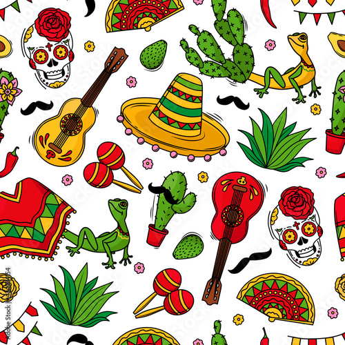 Viva Mexico seamless pattern with symbols of Mexican culture on a white background. Guitar, sombrero, maracas, cactus and skull colorful vector background. Vector illustration