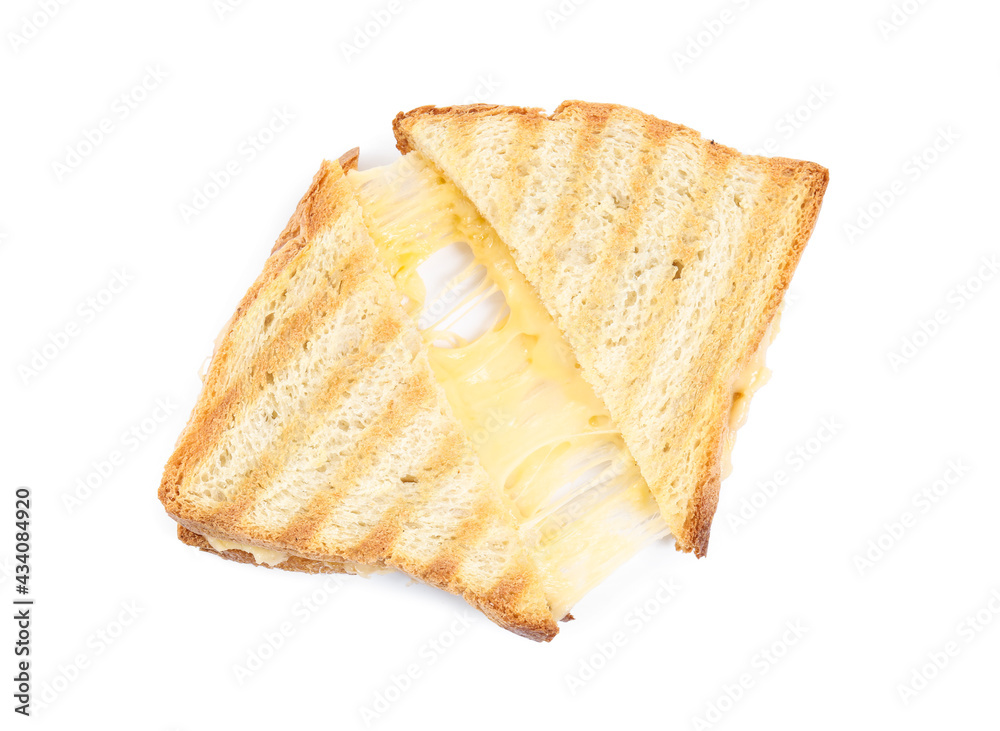 Fresh tasty cheese sandwich cut in half on white background, top view