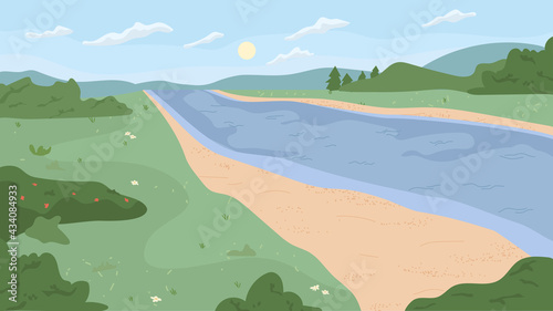 Scenery landscape of river bank, green trees, grass and bushes, forest or park nature. Vector scenic place for outdoor recreation, camping, fishing or hiking on water, summer adventures, flat cartoon
