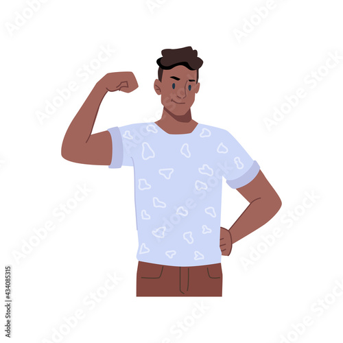 Boating afro american teenager showing biceps and muscles on arm. Isolated male character gesturing and communication in nonverbal mean, sporty and optimistic guy. Vector in flat cartoon style