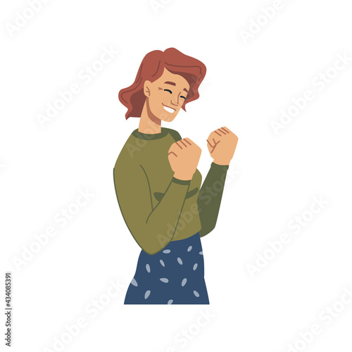 Gesturing female character expressing luck or victory, success of happiness. Woman with closed eyes and smile, raising fists. Cute lady, young personage or student. Vector in flat cartoon style