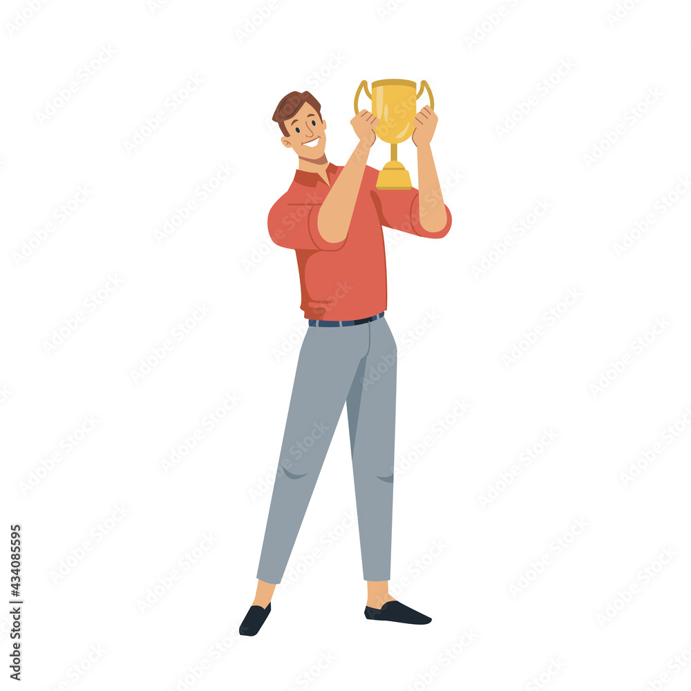 Smiling man winner holding golden goblet cup for first prize in hands isolated flat cartoon character. Vector happy successful guy win award, goal achievement celebration, triumph and grand prize Smiling man winner holding golden goblet cup for first prize in hands isolated flat cartoon character. Vector happy successful guy win award, goal achievement celebration, triumph and grand prize