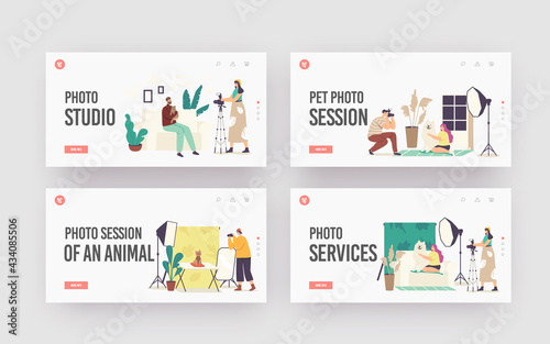 Studio Photo Session, Domestic Animals Photography Landing Page Template Set. Photographer Characters Make Photo of Pets