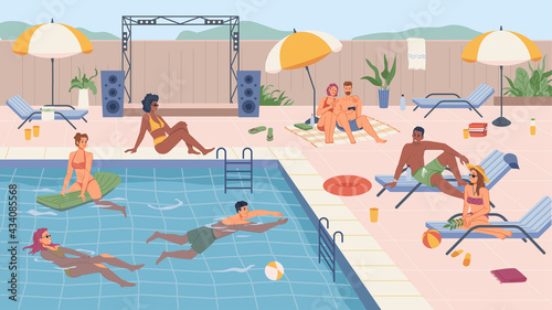 People swimming and relaxing by water, pool party and rest for male and female characters. Personage on inflatable mattress, sunbathing and enjoying summer vacations. Vector in flat cartoon style