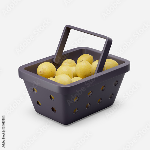 Basket of fresh lemons simple 3d render illustration on white background. Minimal concept. Isolated object with soft shadows.