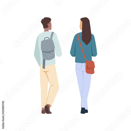 Students man and woman with backpacks back view isolated flat cartoon characters. Vector university or high school pupils with backpack or sack, in casual cloth chatting or talking together