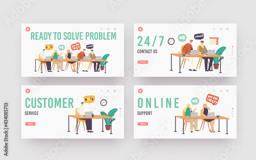 Call Center Hotline, Technical Support Landing Page Template Set. Customer Service Operator and Client Communication