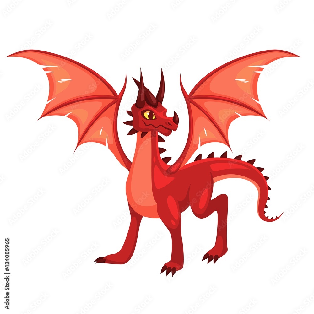 Magic Dragon. Fantasy colorful winged red creature. Medieval fairy tail animal, fire-breathing mythical reptile, flying dinosaur. Childish bright collection vector cartoon illustration Magic Dragon. Fantasy colorful winged red creature. Medieval fairy tail animal, fire-breathing mythical reptile, flying dinosaur. Childish bright collection vector cartoon illustration