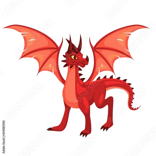 Magic Dragon. Fantasy colorful winged red creature. Medieval fairy tail animal  fire-breathing mythical reptile  flying dinosaur. Childish bright collection vector cartoon illustration