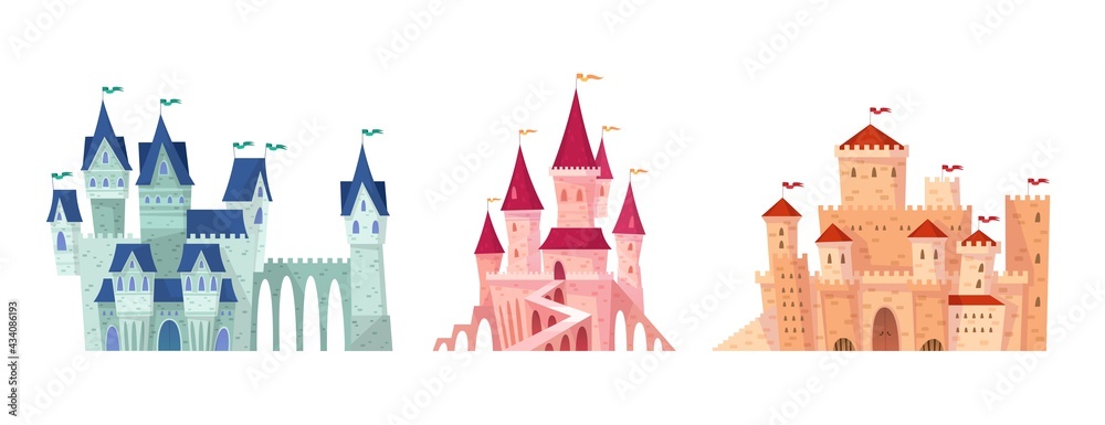 Medieval castles. Fairy tale towers collection, bright colorful mansions, fortified fortress, palace gate. Fantastic royal home, childish decor collection. Vector cartoon isolated set