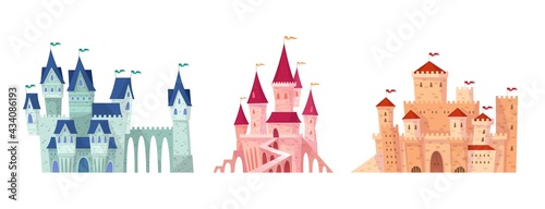 Medieval castles. Fairy tale towers collection, bright colorful mansions, fortified fortress, palace gate. Fantastic royal home, childish decor collection. Vector cartoon isolated set