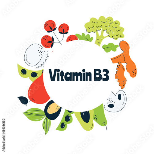 The main food sources of vitamin B3. Healthy food concept.