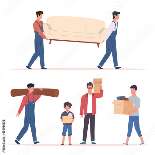 Men household. Male characters carry heavy sofa, carpet and boxes. Father and son together, spring cleaning. Preparing transporting in new apartment, relocating concept. Vector set