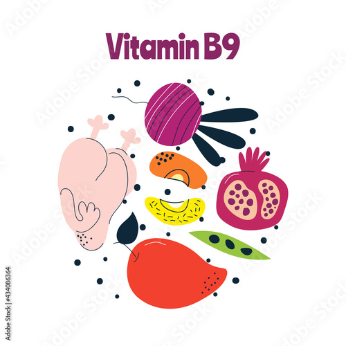 The main food sources of vitamin B9. Healthy food concept.
