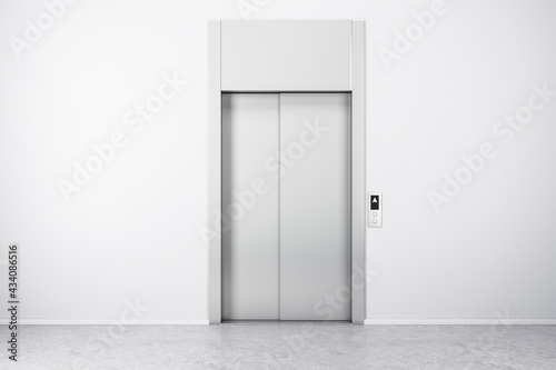 Front view on elevator with metal doors, white blank wall and concrete floor. 3D rendering, mockup photo