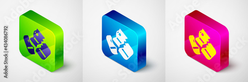 Isometric Scissors cutting a credit card icon isolated on grey background. Online payment. Cash withdrawal. Financial operations. Shopping sign. Square button. Vector