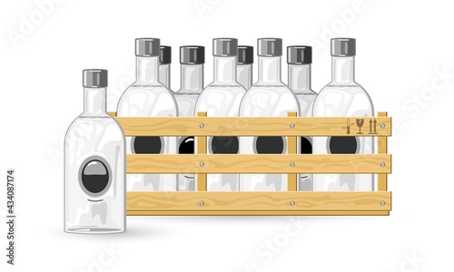 Cartoon package of bottles with strong russian drink. Vector premium quality drink, russian booze, alcohol export. Idea of transportation, store selling, bar or pub menu isolated on white