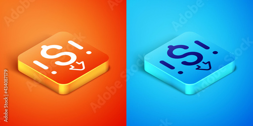 Fototapeta Naklejka Na Ścianę i Meble -  Isometric Dollar rate decrease icon isolated on orange and blue background. Cost reduction. Money symbol with down arrow. Business lost crisis decrease. Vector