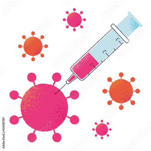 Syringe with Corona vaccine destroys virus Sars-cov-2. Destruction of the Coronavirus. Victory for the vaccination. Vector illustration.