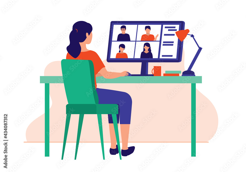 Fototapeta premium Woman Online Meeting. Virtual Event Concept. Vector Flat Cartoon Illustration. Young Woman Having Meeting With A Group Of People.