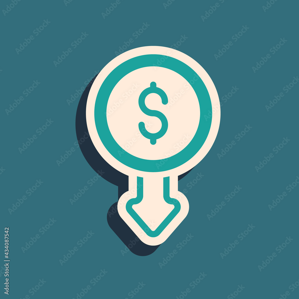 Green Dollar rate decrease icon isolated on green background. Cost reduction. Money symbol with down arrow. Business lost crisis decrease. Long shadow style. Vector Green Dollar rate decrease icon isolated on green background. Cost reduction. Money symbol with down arrow. Business lost crisis decrease. Long shadow style. Vector