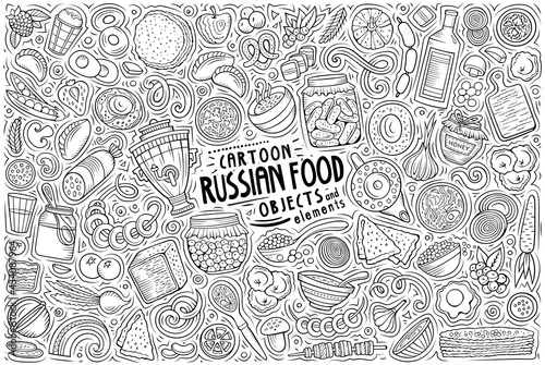 Vector doodle cartoon set of Slavic food theme objects and symbols