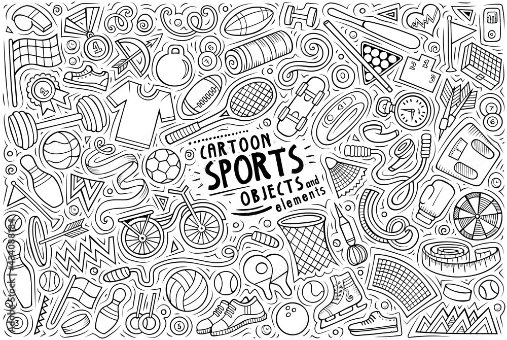 Vector doodle cartoon set of Sports theme objects and symbols