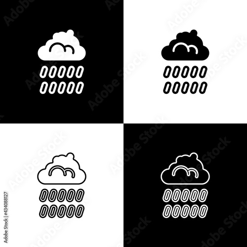 Set Cloud with rain icon isolated on black and white background. Rain cloud precipitation with rain drops. Vector