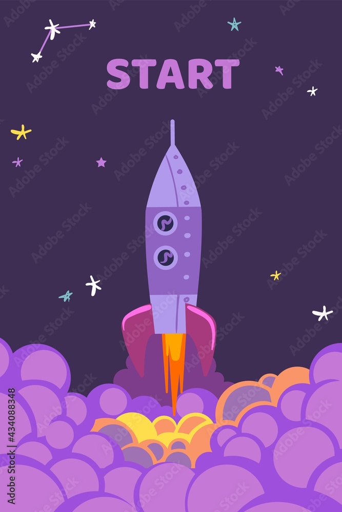 Rocket start. Starting shuttle in sky. Purple colors stars night background. Business startup symbol, creative idea and innovation. Simple modern cartoon design vector concept