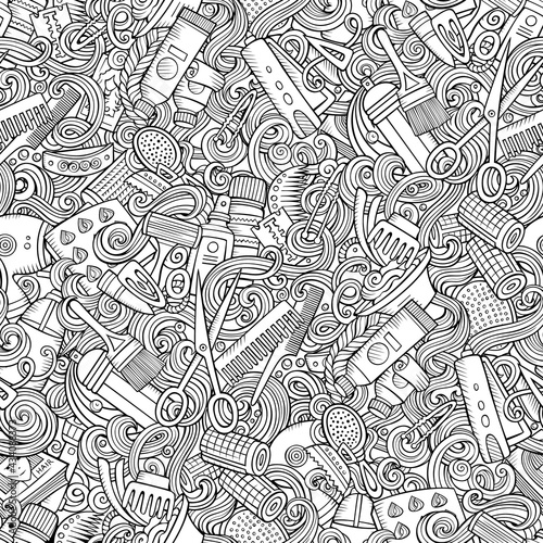 Hair Salon hand drawn doodles seamless pattern. Hairstyle background.