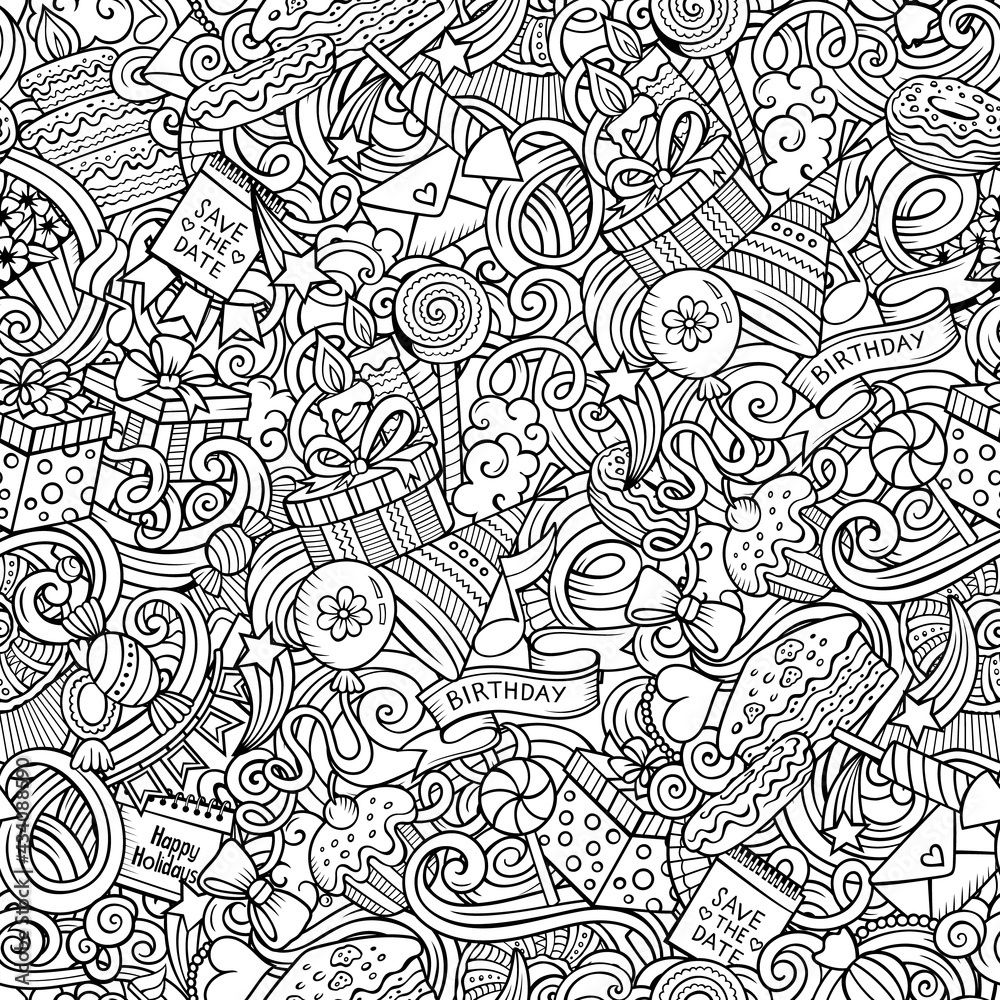 Happy Birthday hand drawn doodles seamless pattern. Happy Birthday hand drawn doodles seamless pattern.