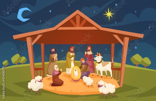 Bible scene. Christmas christian composition, jesus christ birth in manger, baby with magi, Virgin Mary, night sky with star, new testament holy book. Religion holiday, vector cartoon concept