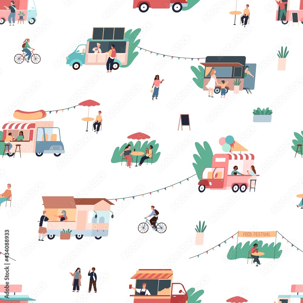 Street food pattern. Seamless texture of gastronomic fair with mobile cafes. People buy and eat snacks on street. Happy persons walk and ride bicycles. Vector meal festival background