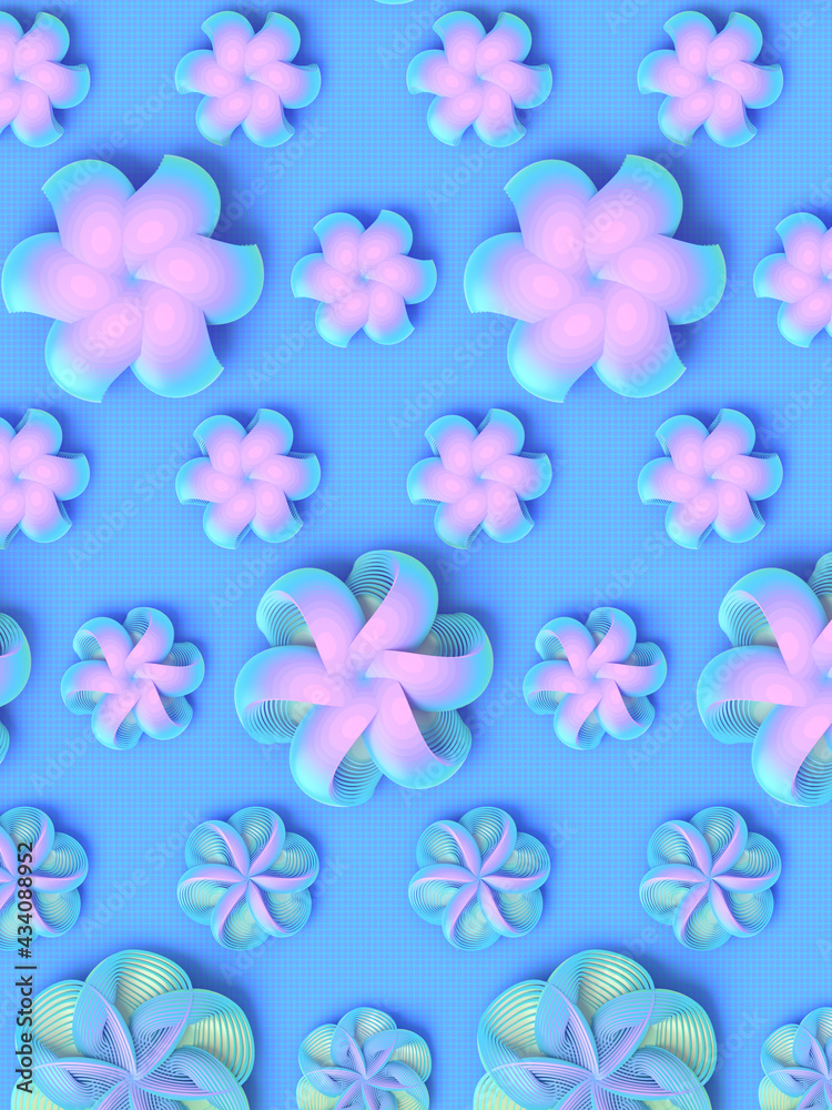 Pattern of 3d rendering geometric flower heads. Modern digital illustration. Trendy multi colored design element