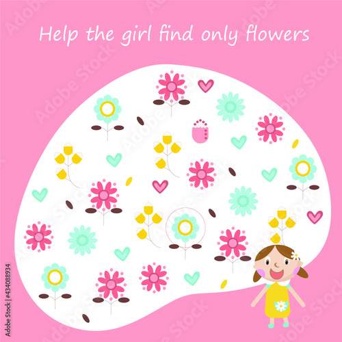 Kids mini games for development. Help the girl find only flowers. Colorful vector illustration in flat style.