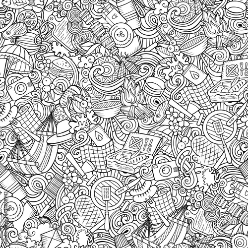 Picnic hand drawn doodles seamless pattern. BBQ background.